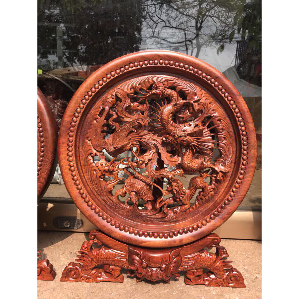 Đĩa tứ linh gỗ hương đá đường kính 40 cm